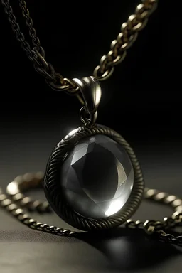 A pendant with a gray gem wrapped in a hint of candlelight.