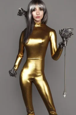 Beautiful perfect perfectly centered photorealistic bronze robot, silver and gold French maid outfit long hair, shiny metallic silver hair, full-body portrait by Reisha Perlmutter, Rudy Nappi, medium shot