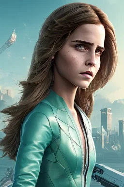 Emma Watson, full-length, in a swimsuit, cyberpunk 2077, photorealistic illustration, 1k