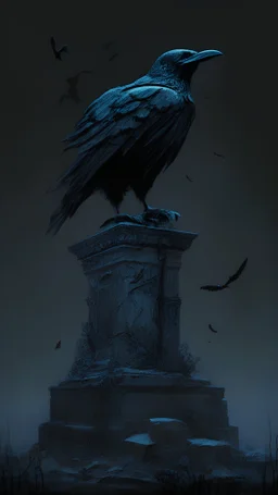 The crow is standing on a grave in front of a scary mansion in the dark. It has radiant black plumage that shimmers in the dim light. The crow looks sharp with eyes towards the unknown horizon. The tomb is built of sandstone, and is decorated with a rickety statue of a former king. The crow swayed gently in the cold wind, remnants of snow could be seen on the distant peak in the mountains. The desired effect is a sense of mystery and hidden horror in the scene, with emphasis on the details