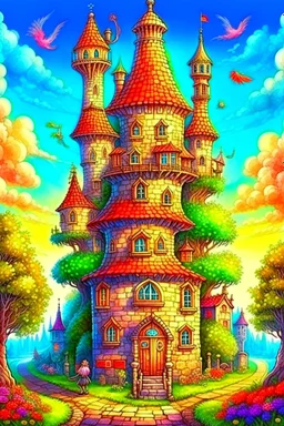 Fantasy art: beautiful fairy tower in a middle of a small cute village, with many small houses