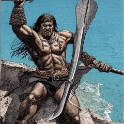 high-angle shot of a [Conan the Barbarian] holing an ((axe)) and standing on a cliff overlooking the sea, monsters in the water by Barry Windsor-Smith, extremely detailed face, full-body