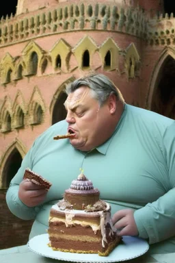 fat viktor orban eating cake in a castle