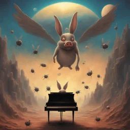 monochromatic black and white bugs bunny composer piano, diffrent planet, one swine pig piggy flying wasp angel, beksinski style daker theme dark black dark black monochromatic