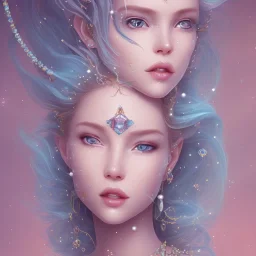 cosmic petit prince belle fine, profil de trois quart, grand front cosmique, peau bleu cristalline, yeux bleu, perle sur le front long cheveux blond et rose etoilé, cristaux sur le corps, collier de grande princesse, levres souriante, très jolie sourire