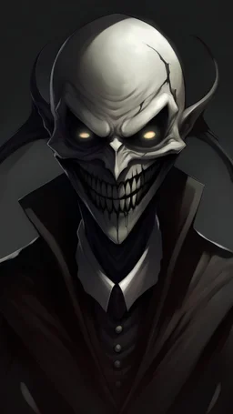 Realistic anime art style. A completely dark shadow humanoid figure with a wide sharp grin and pale white eyes