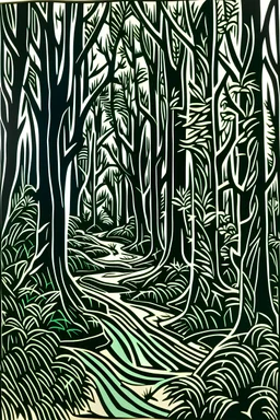 Linocut winding path through woodland