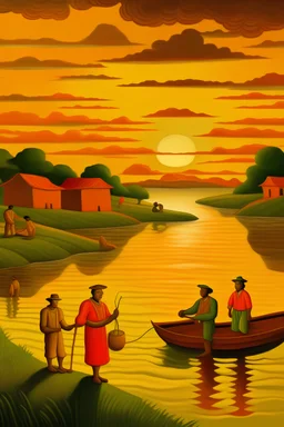 Una puesta de sol, a orillas del Río Parana y pescadores en sus costas al estilo de Botero