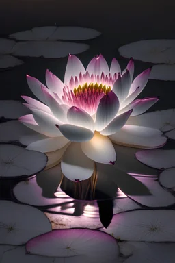 Glowing Burgundy and white lily pad flower at night
