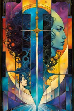 Create a chaotic abstract cubist Tarot Card depicting The Page of Swords , with highly detailed facial features, in the style of Bill Sienkiewicz, Philippe Druillet, Gustav Klimt, and Jean Giraud Moebius, precisely drawn, colored and inked, with ornate bordered edges