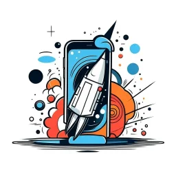 Image: A rocket launching from a smartphone, leaving a digital trail. Style: Retro Pop. Mood: Fun and Upgrading. Lighting: Energetic and dynamic. LOGO design graphic, vector, contour, white background