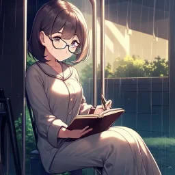 anime girl sitting on a porch swing of an old house, journaling, wearing pajamas, writing in a book, shes watching it rain, more detail on hands and her face,shes deep in her thoughts, wearing glasses, rain drops, she has a pencil in her hand and is writning in the book, she is looking down at what she is writing