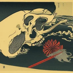 Knive in Skull in water smoking by Hokusai