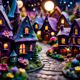 Detailed cozy street made of modeling clay, village, dynamic, naïve, Tim Burton, flowers, galaxies, stars and planets, Harry Potter, strong texture, extreme detail, decal, rich moody colors, sparkles, clean, bokeh, odd