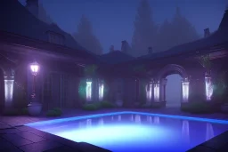  courtyard ,pool , night time , unity, scriptable render pipeline , lighting , volumetric , global illumination, fog ,blue emission , purple tone.