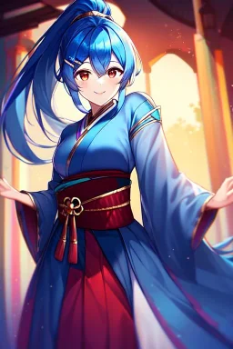 girl, masterpiece, best quality, cinematic lighting, detailed outfit, vibrant colors, perfect eyes, blue hair, red eyes, long hair, ponytail, obi, hairclip, smile,