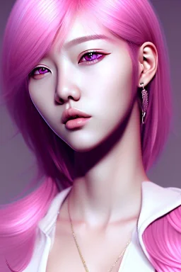 k-pop, photorealistic, pink hair, white clothes, hd