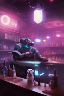 dog and gun in a cyberpunk bar, digital art style. fantasy,particales, wide shot,