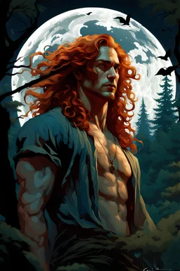 Attractive male, (he looks like Joaquin Phoenix) long red curly hair, chiseled, handsome, freckles, perfect face, hyperdetailed eyes and an athletic, masculine body, under a painted neblua sky, full moon; deep forest, spooky ambiance, by gaston bussiere, craig mullins, j. c. leyendecker