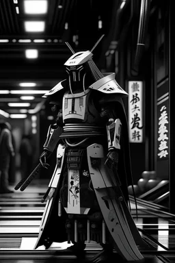 samurai robot in black and white cloak in a cyberpunk environment