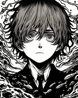 A young man under water with dark world all thing around him Black like anime junji ito manga Black and white