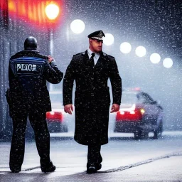 large muscular police officer, speaking, to a muscular man wearing a trench coat, downtown snowy new york at night, dramatic, dramatic lighting, volumetric lighting, hyperrealism, 8k, high quality, photorealistic, lot of details