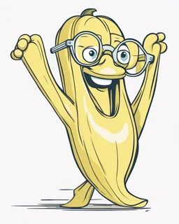 cute line drawing of a funny yellow banana character wearing glasses on a white background.