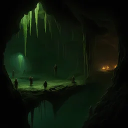 Lord of the Rings, a cavern with orcs and hobgoblins, stalagmites and stalactites, light from algae, nighttime, fantasy design. Hyperdetail.