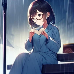 anime girl sitting on a porch swing of an old house, journaling, wearing pajamas, writing in a book, shes watching it rain, more detail on hands and her face,shes deep in her thoughts, wearing glasses, rain drops, she has a pencil in her hand and is writning in the book, she is looking down at what she is writing