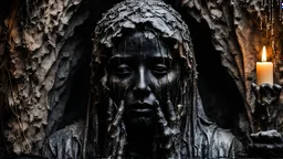 a photo of the statue of the personification of grief covered with candles and hot wax, covering the face with its hands, black tears dripping from the cheeks, the whole statue is covered in dense cobwebs and grease, higly detailed, black isolatet cave, tarnished, grunge, glowing cracks