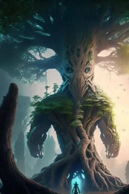 An ent from middle earth in futuristic scene with tree