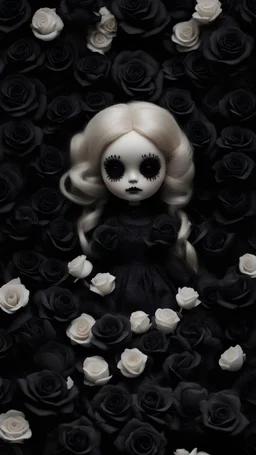 A creepy doll surrounded by black roses on a black background.