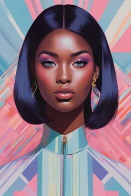 portrait of justine skye, environment map, abstract 1998 air hostess poster, portrait of shiny straight black hair, no makeup, intricate stunning highly detailed, op art, pretty pastel colors, hypnotic, art by Victor Moscoso and Bridget Riley by sachin teng x supreme, dark skin, full lips, light pink, baby blue, pale pink, lavender, round face