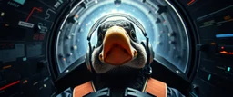 space warp crash pilot ,weird experiment gone wrong perspective close up portrait of dj platypus duck pilot looking down on cam, with background in the style of escher and giger, a chill contrapunctus fugue in the style of fsol, beethoven, goa trance breaks, dancefloor drum and bass,