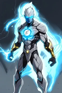 a drawing character that can control lighting and hes a superhero, hes kinda see through , and has a grey skin tone, and has a GYATT he has lightning surrounding him