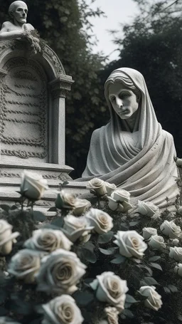 A grave with a statue of a woman behind it, and above it a white lace scarf and seven white roses. Cinematic picture