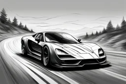 generate an image fast car on the On a somewhat bumpy road outside like a draw minimal style black and white pencil style.