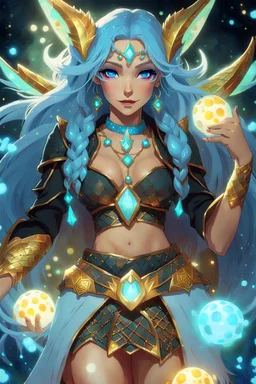 Bioluminescent blue avatars identify dots and patterns on their skin. Pointed elf ears, white hair, glowing blue eyes, slightly shiny blue skin.A beautiful girl with glowing golden eyes. With white decorated hair. And the whole body. And decorated dragon stones. And decorative glass trees