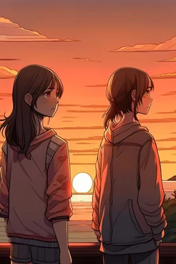 gün batımını izleyen 2 kız 2D biraz daha detaylı daha fazla detay ve 2d yüzleri hafif görünüyor yüzleri görünüyor farklı bir tarzda detaylı farklı ve detaylı kıyafetler