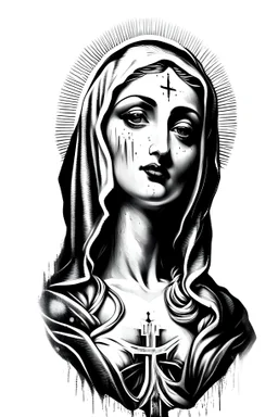 white and black illustration of madonne sdetailed in a tattoo style in white background