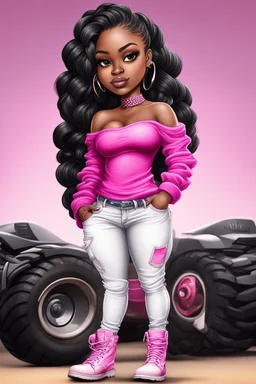 Create a digital airbrush cartoon of a curvy African American chibi female wearing tight white jeans and a off the shoulder hot pink blouse. She is also wearing timberland boots. Prominent make up with hazel eyes. Highly detailed very long extremely braids of black hair. Her skin is smooth and silky. Background of a track of ATV riders.