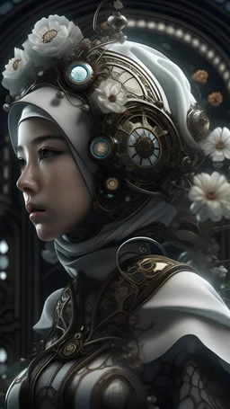 Faire. little fusion pojatti realistic steampunk, fractal isometrics details bioluminescens : a stunning realistic photograph indonesia beautiful hijaber awesome with big white flowers tiara of wet bone structure, 3d render, octane render, intricately detailed, titanium decorative headdress, cinematic, trending on artstation | Isometric | Centered hipereallistic cover photo awesome full color, , hand drawn, dark, gritty, realistic mucha, klimt, erte .12k, intricate. hight definition , close up