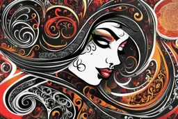 an abstract illustration of a goth punk vampire girl from calligraphic letters, flourishes, and swirls , finely drawn and inked, in classic Arabic calligraphy, 4k, hyper detailed in the style of EL SEED and vibrantly colored in the style of GUSTAV KLIMT