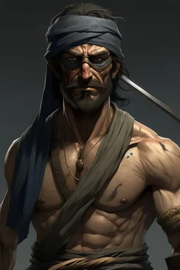 An incredibly muscular, Gypsy man. He is blind and wears a strip of cloth over his eyes. He carries a single, massive broadsword. His face shows a look of grim determination.