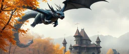 portrait of a shiny black dragon squirrel in autumn, flying above wooden castle, breathing smoke
