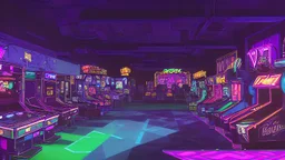 A dark photo of the corners of an 80's aesthetics arcade at night, with a lot of functioning arcade machines, a vaporwave floor and some colorful tiles in between the floor. Purple aesthetics. There are some pizza boxes over some of the arcade machines. The wall has a ticket shop who sells plushies, food and laser tag guns