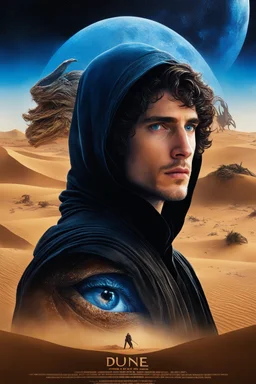 Movie 'Dune' aesthetic, double exposure movie poster featuring blue eyes mid-length haired hooded Paul Atriedes (Timothée Chalamet) leading Arrakis desert Fremen warriors, sand worm, cosmic background, modern movie poster composition reminiscent of Drew Struzan, artistic digital photography, sci-fi