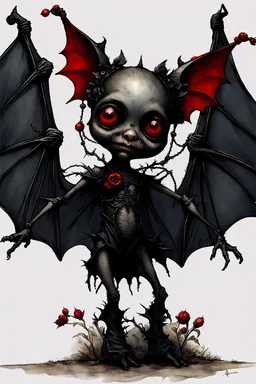 Artist Jean-Baptiste Monge style. A humanoid biomechanical Black bat-flower headed Baby with red eyes and a black and red dress. Modifiers: award winning crisp quality very cute