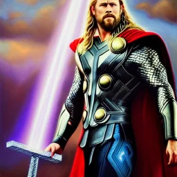 ultra detailed fullbody Portrait on oil in canvas of Thor Holding Mjolnir, extremely detailed digital painting, extremely detailed face,crystal clear Big Glowing eyes, mystical colors ,perfectly centered image, perfect composition,rim light, beautiful lighting, 8k, stunning scene,extremely sharp detail, finely tuned detail, ultra high definition raytracing, in the style of Simon Bisley and Ishimura.