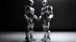 Create an image featuring two humanoid robots holding hands. One robot should have a shiny light gray finish, while the other should have an opaque dark gray appearance. Both robots have their heads slightly tilted downwards, giving a mechanical and somewhat contemplative look. The setting is minimalistic, focusing on the contrast between the robots' finishes and their human-like connection. Contemporary art.